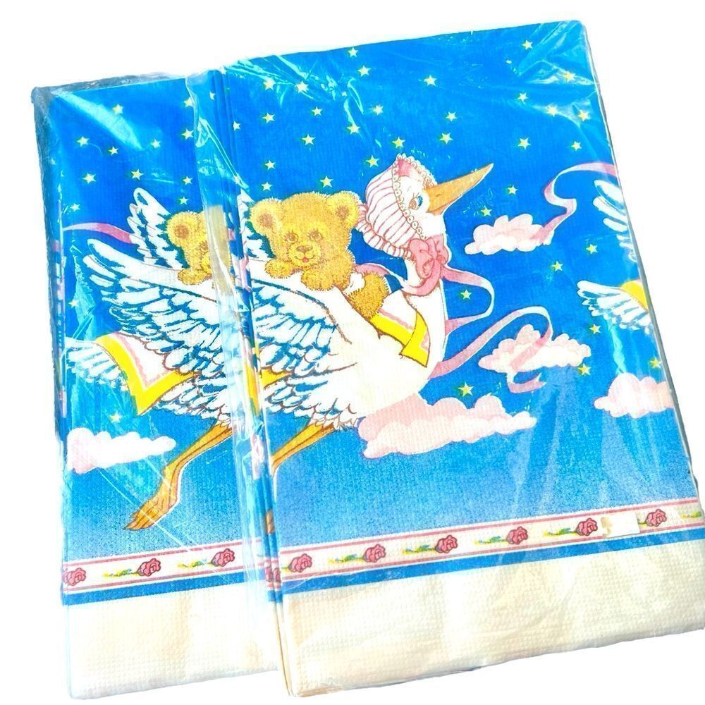C. A. Reed Tablecloths (2) Stork‎ Teddy Baby Shower Paper 52 in. X 92" Vtg NISP